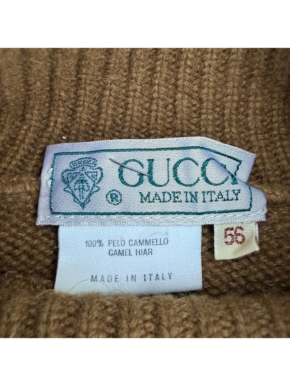 GUCCI Men’s Vintage 1980s Size 56 Tan Cable Knit Camel Hair Turtleneck Sweater